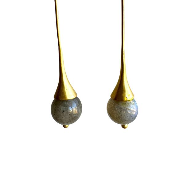 Labradorite Gemstone Balls Long Satin Gold Kidney Ear Wires Earrings - Picture 3 of 3